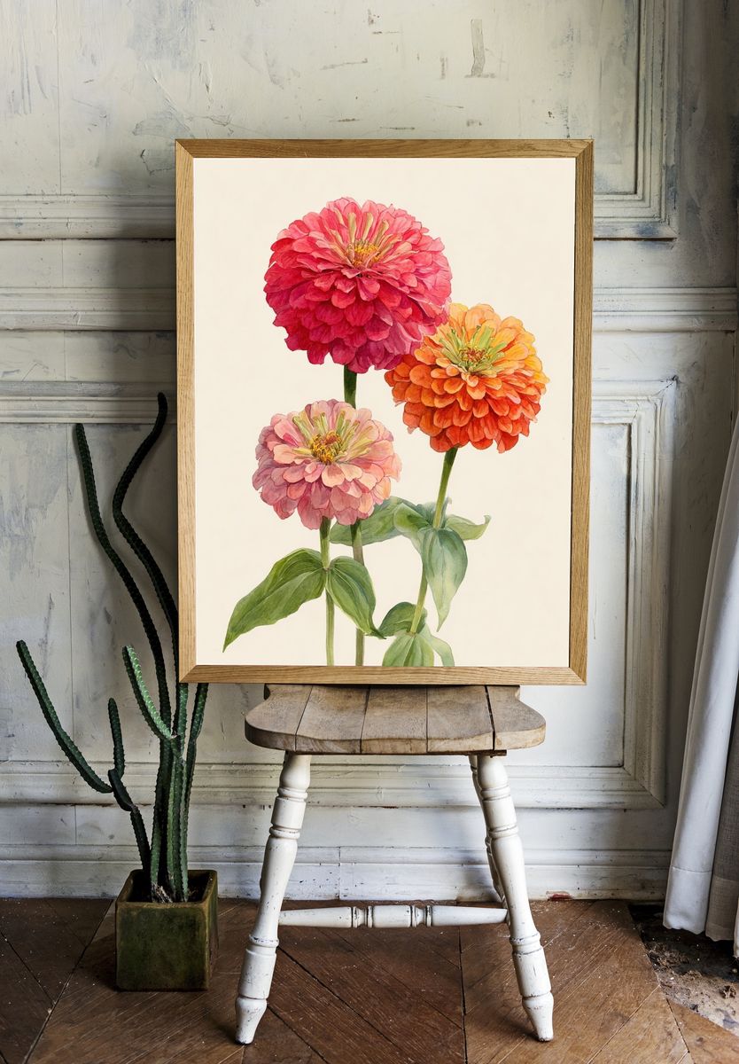 Zinnia Blooms Watercolor Print. room preview