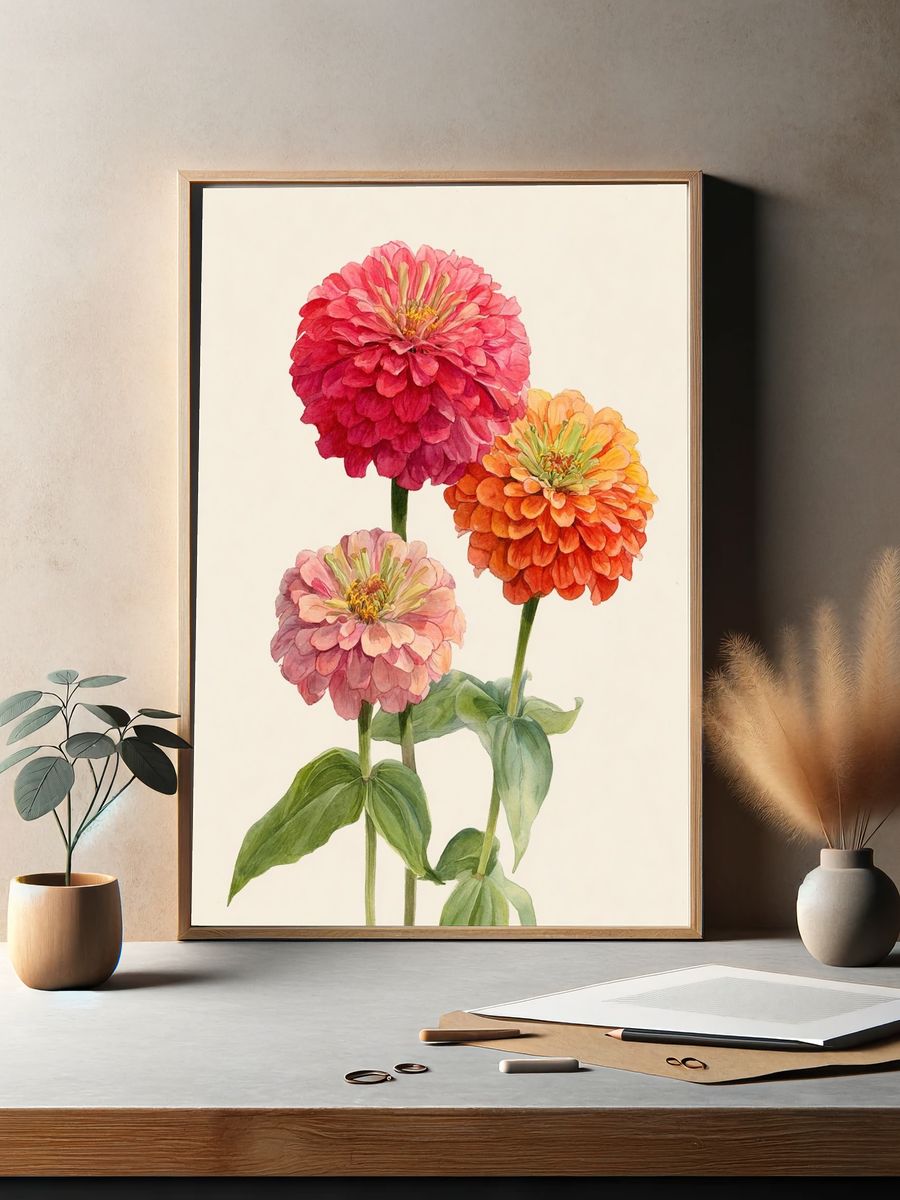 Zinnia Blooms Watercolor Print. — room view 2