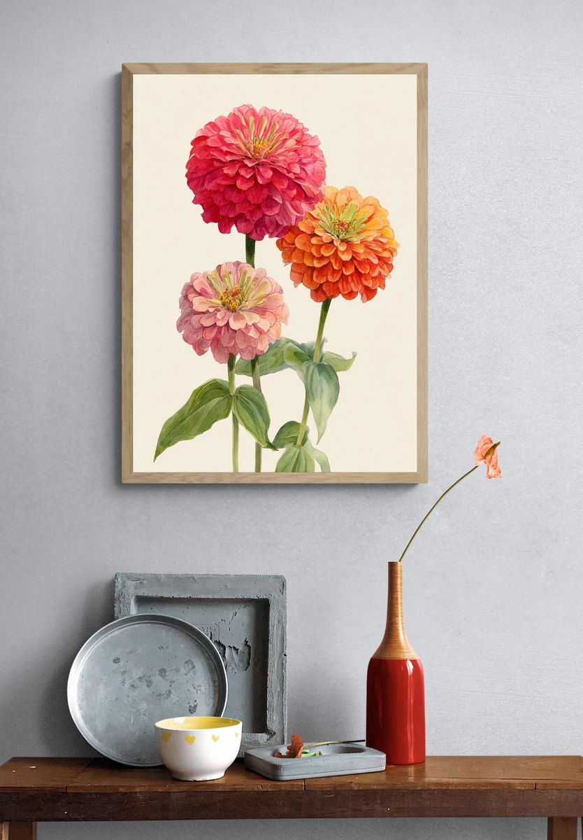 Zinnia Blooms Watercolor Print. — room view 3