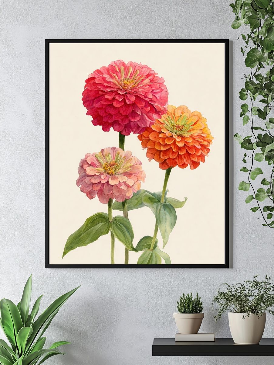 Zinnia Blooms Watercolor Print. — room view 4
