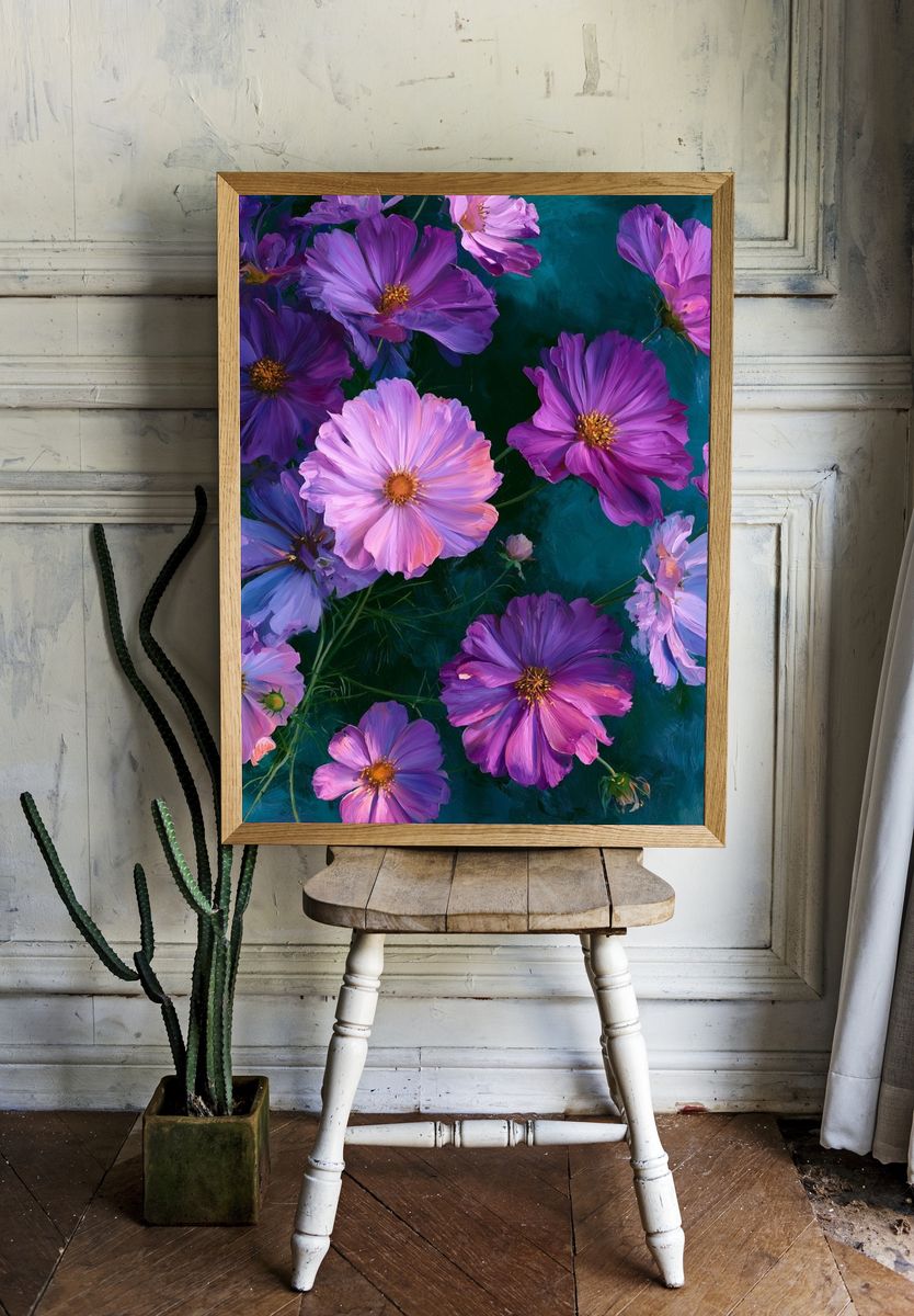 Purple Cosmos Floral Print. room preview