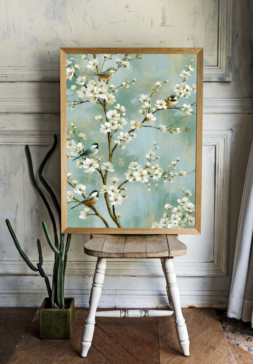 Cherry Blossom Birds Illustration Poster. — room view 1