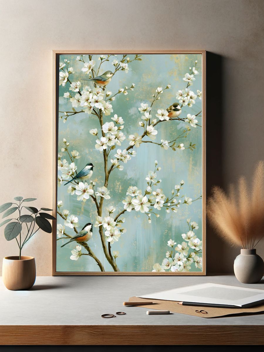 Cherry Blossom Birds Illustration Poster. — room view 2