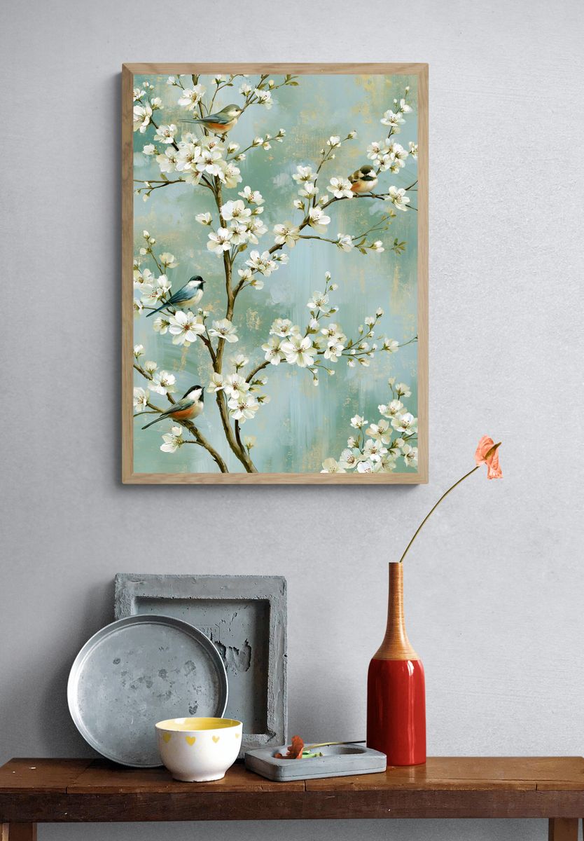 Cherry Blossom Birds Illustration Poster. — room view 3