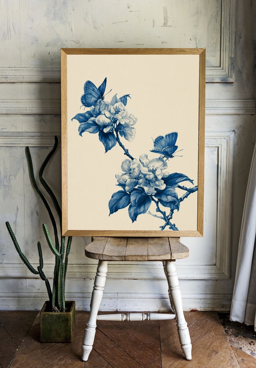 Blue Blossom Butterfly Illustration Poster. room preview