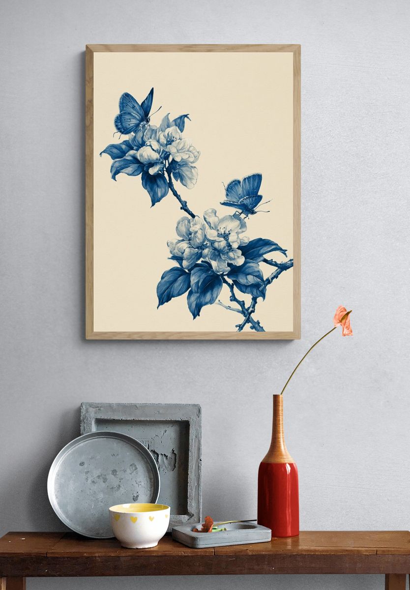 Blue Blossom Butterfly Illustration Poster. — room view 3