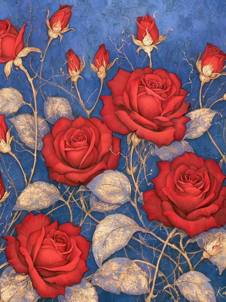 Red Roses on Blue Botanical Print. poster — botanical art