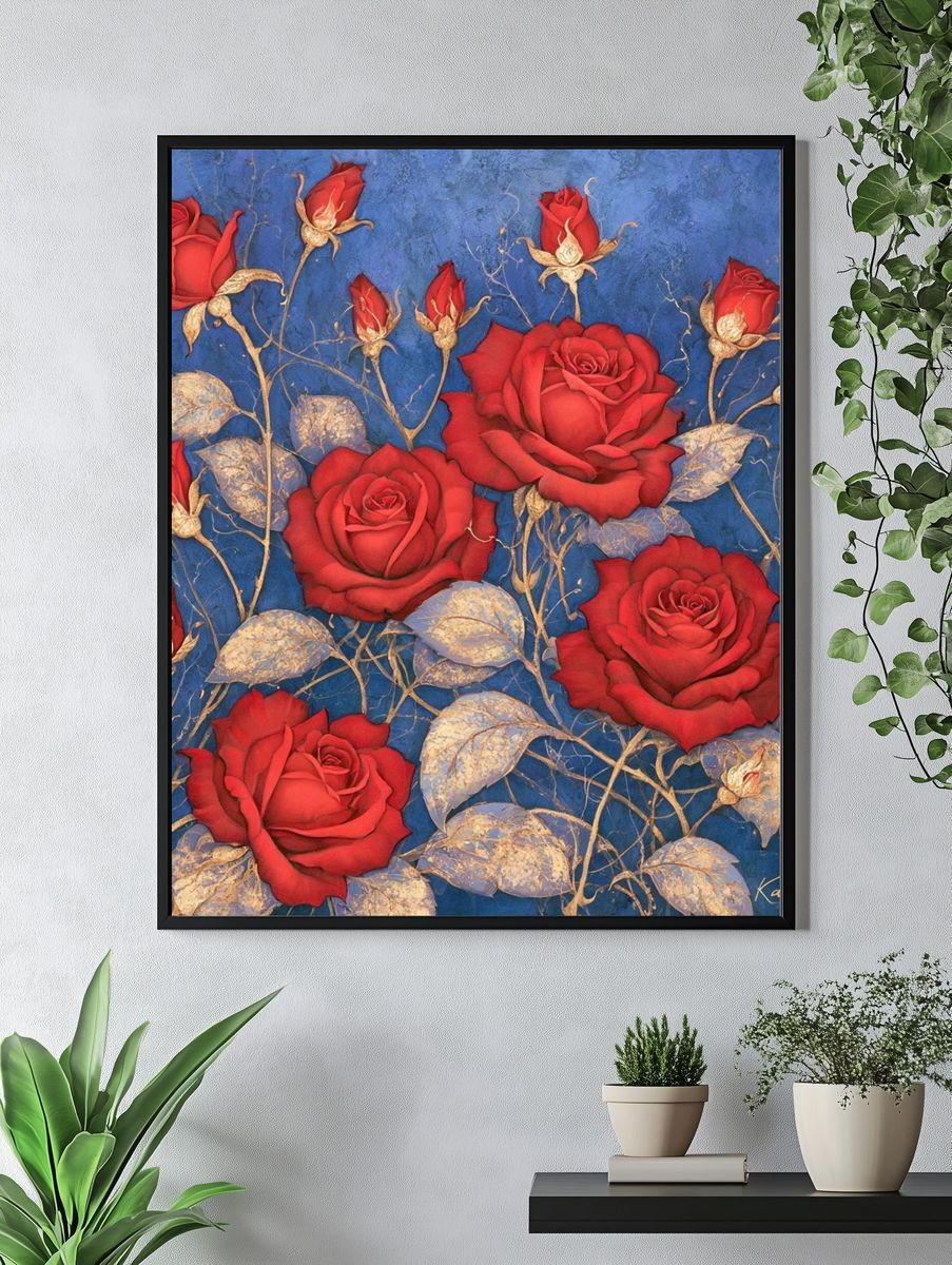 Red Roses on Blue Botanical Print. — room view 4