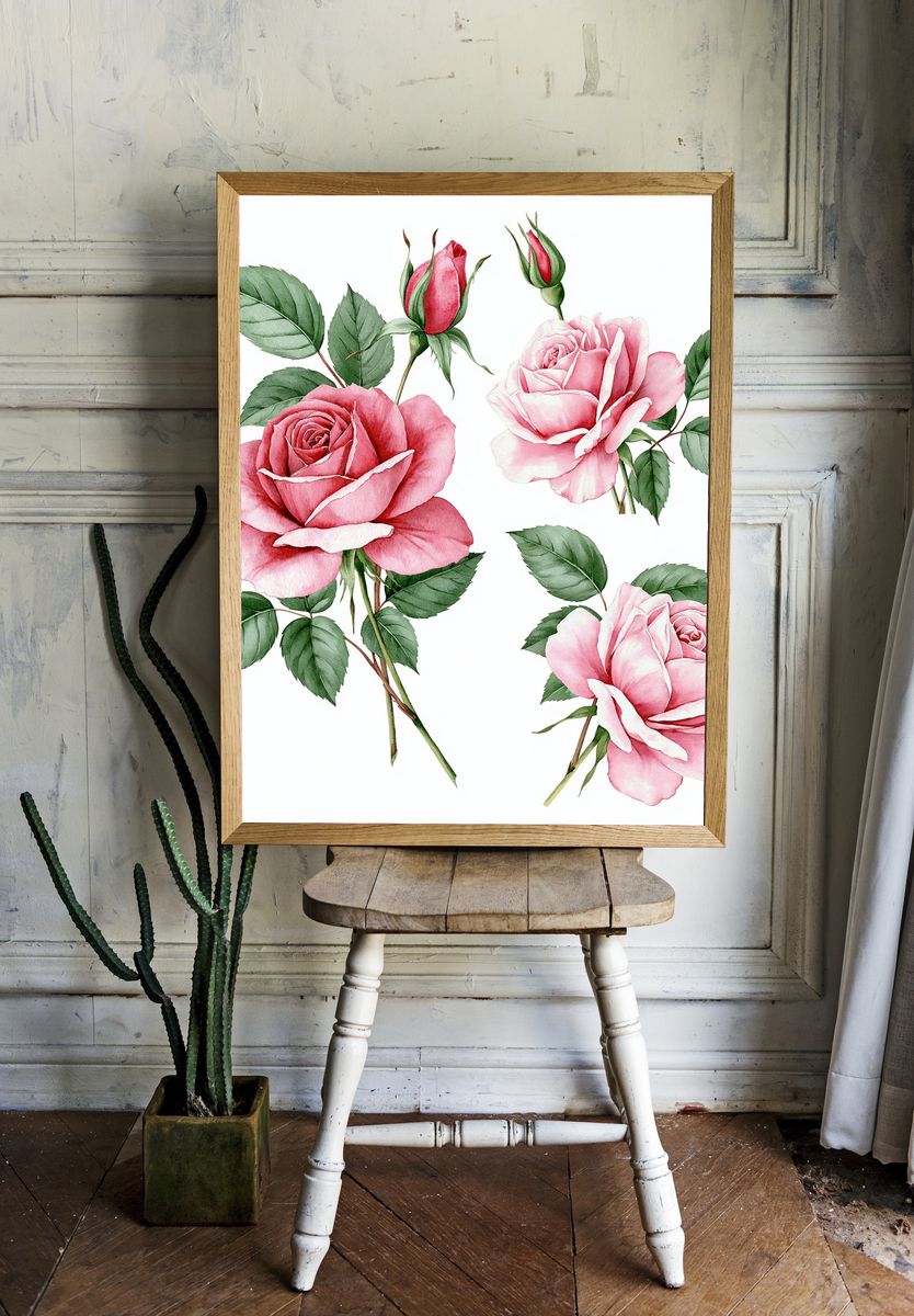 Pink Roses Watercolor Print. room preview