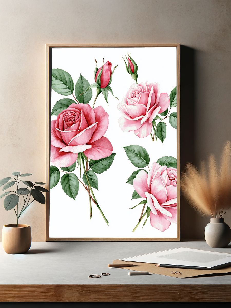 Pink Roses Watercolor Print. — room view 2