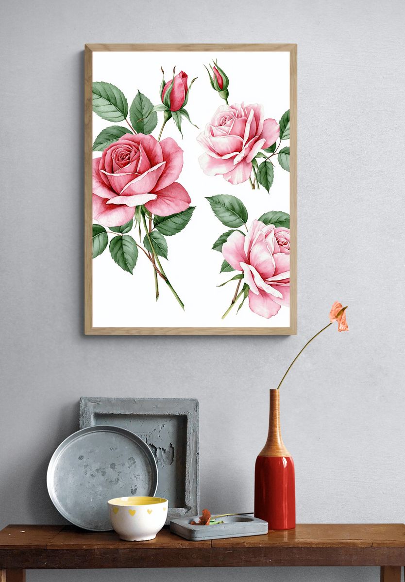 Pink Roses Watercolor Print. — room view 3