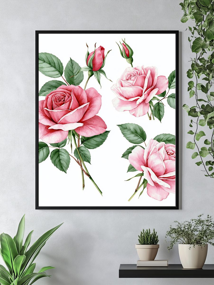 Pink Roses Watercolor Print. — room view 4