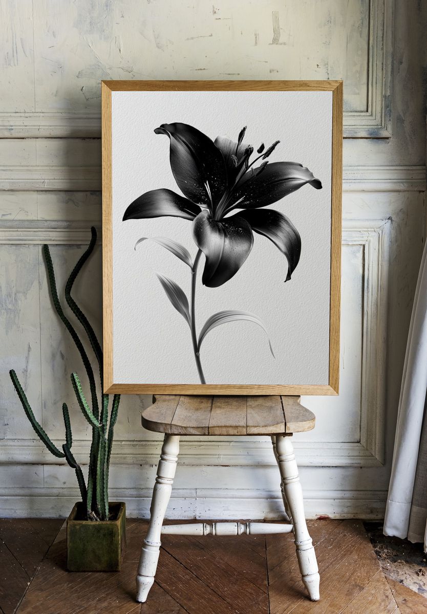 Black Lily Botanical Print. room preview