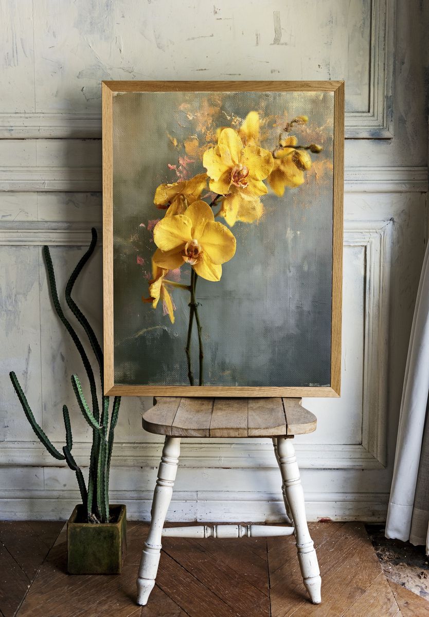 Yellow Orchid Botanical Print. room preview