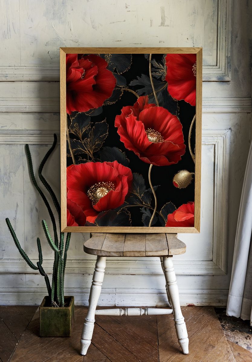 Crimson Poppy Bloom Botanical Print. — room view 1