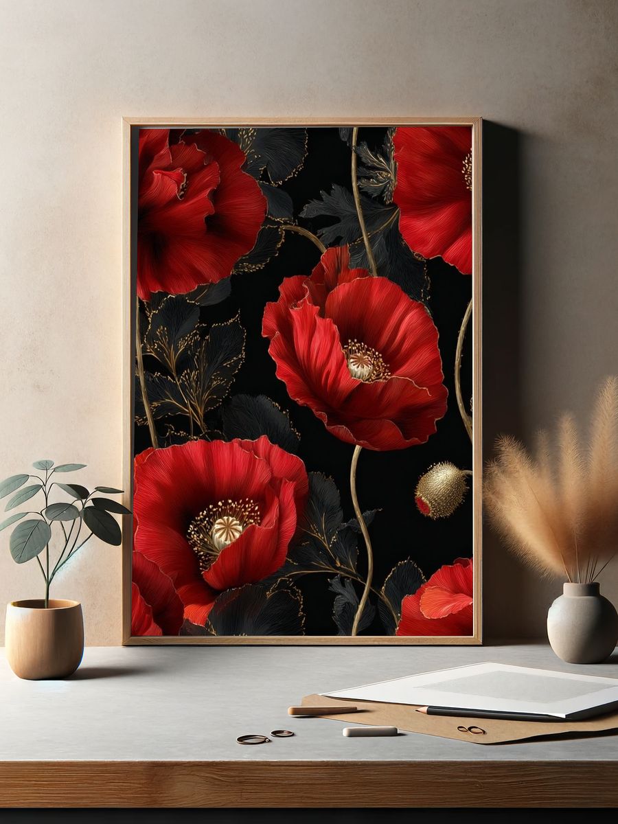 Crimson Poppy Bloom Botanical Print. — room view 2
