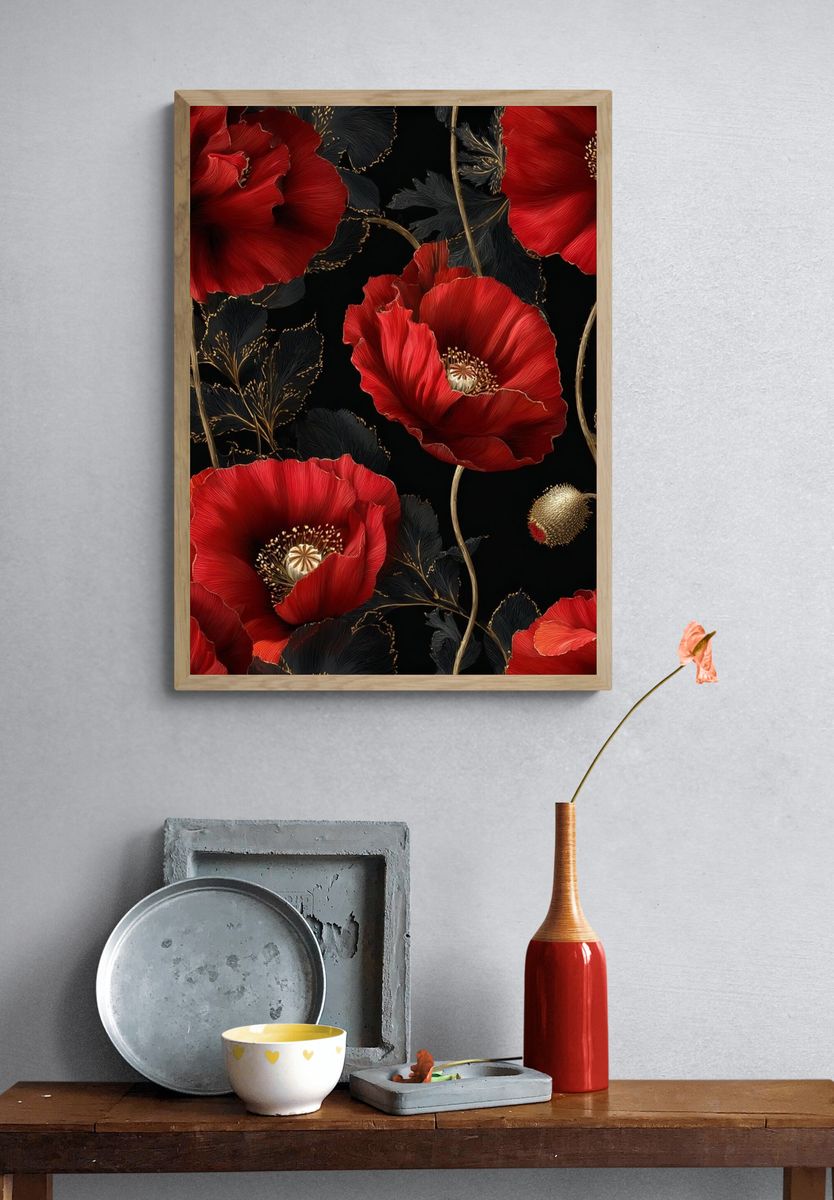 Crimson Poppy Bloom Botanical Print. — room view 3
