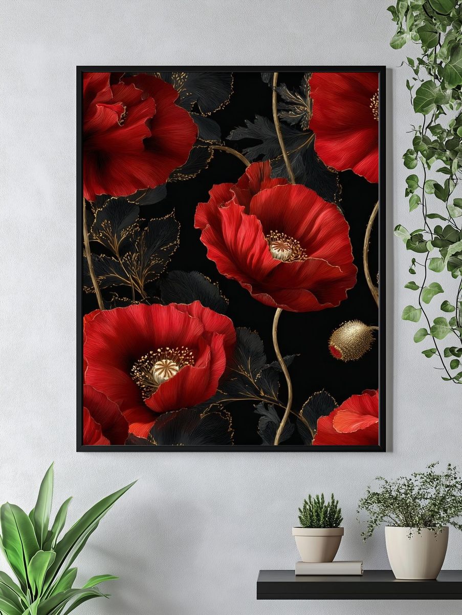 Crimson Poppy Bloom Botanical Print. — room view 4