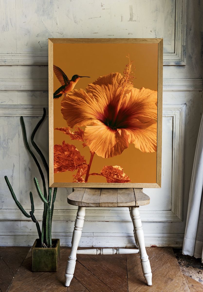Hummingbird Hibiscus Botanical Print. room preview