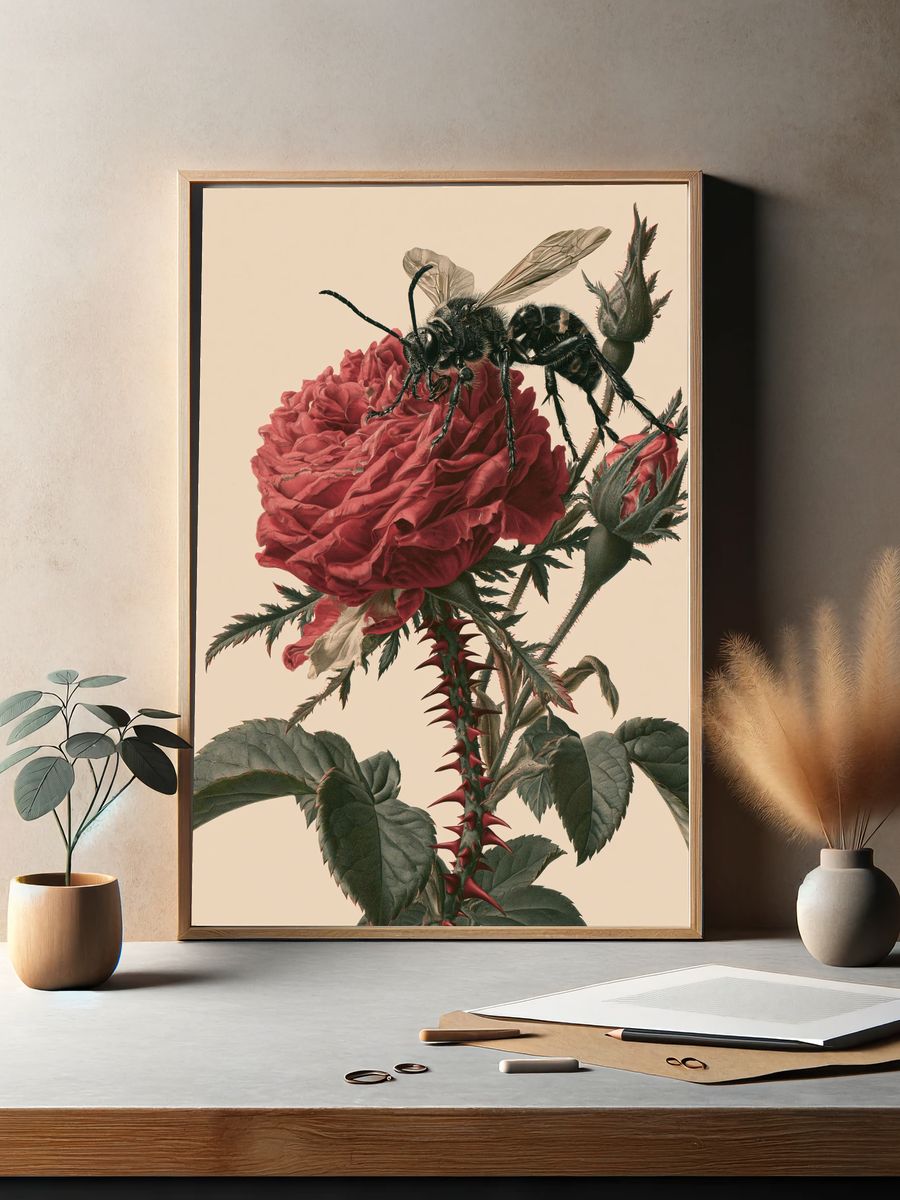Bee on Rose Botanical Print. — room view 2
