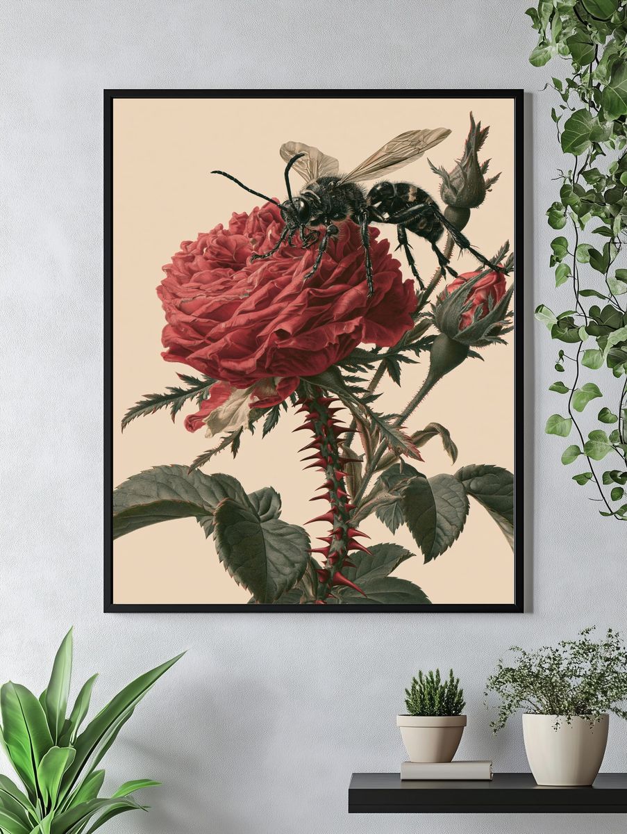 Bee on Rose Botanical Print. — room view 4