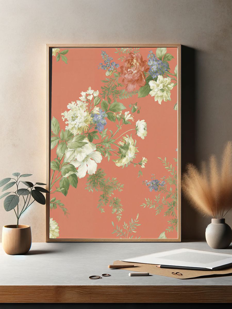 Floral Coral Botanical Print. — room view 2