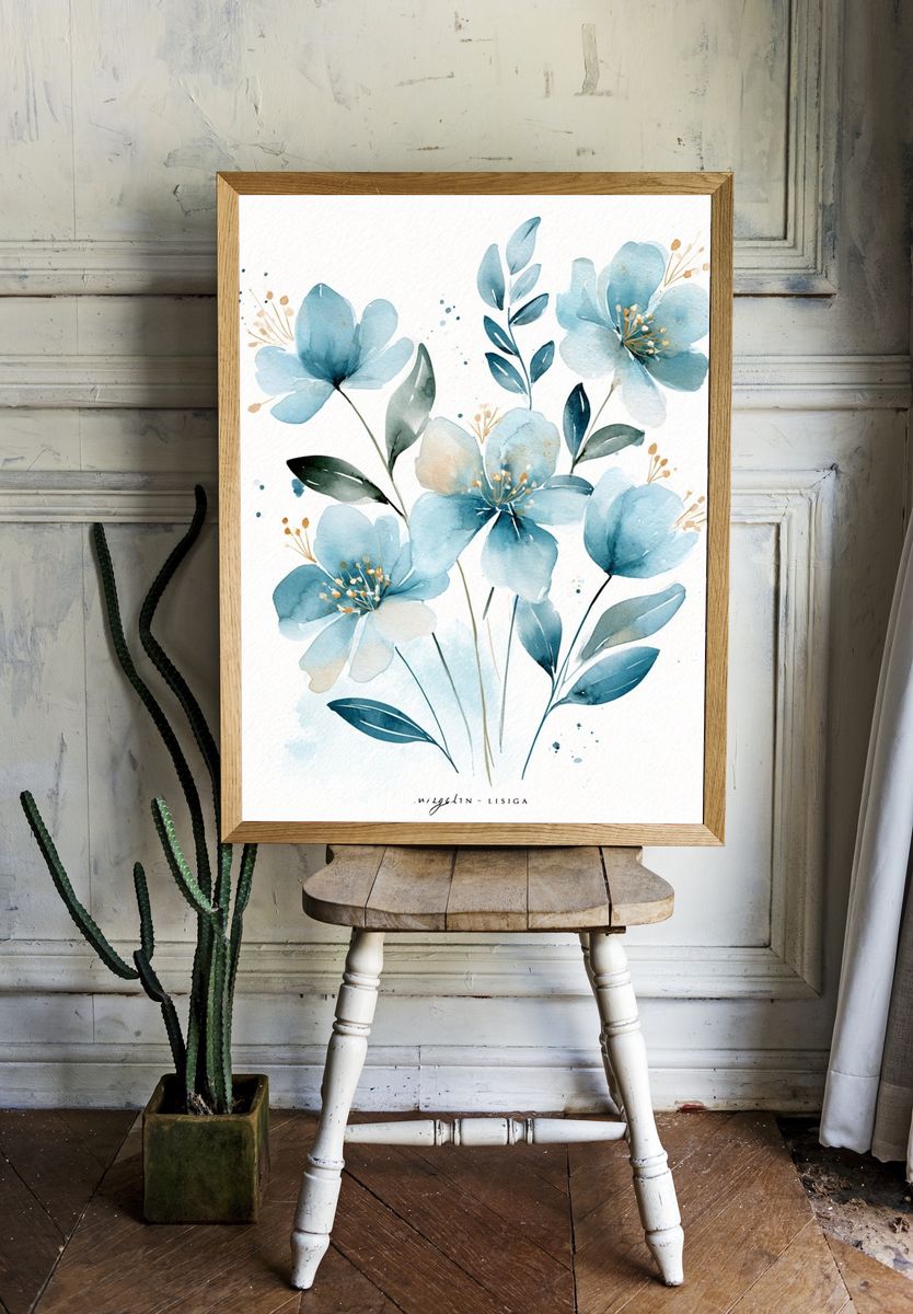 Blue Watercolor Flowers Poster. — room view 1