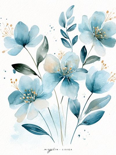 Blue Watercolor Flowers Poster.