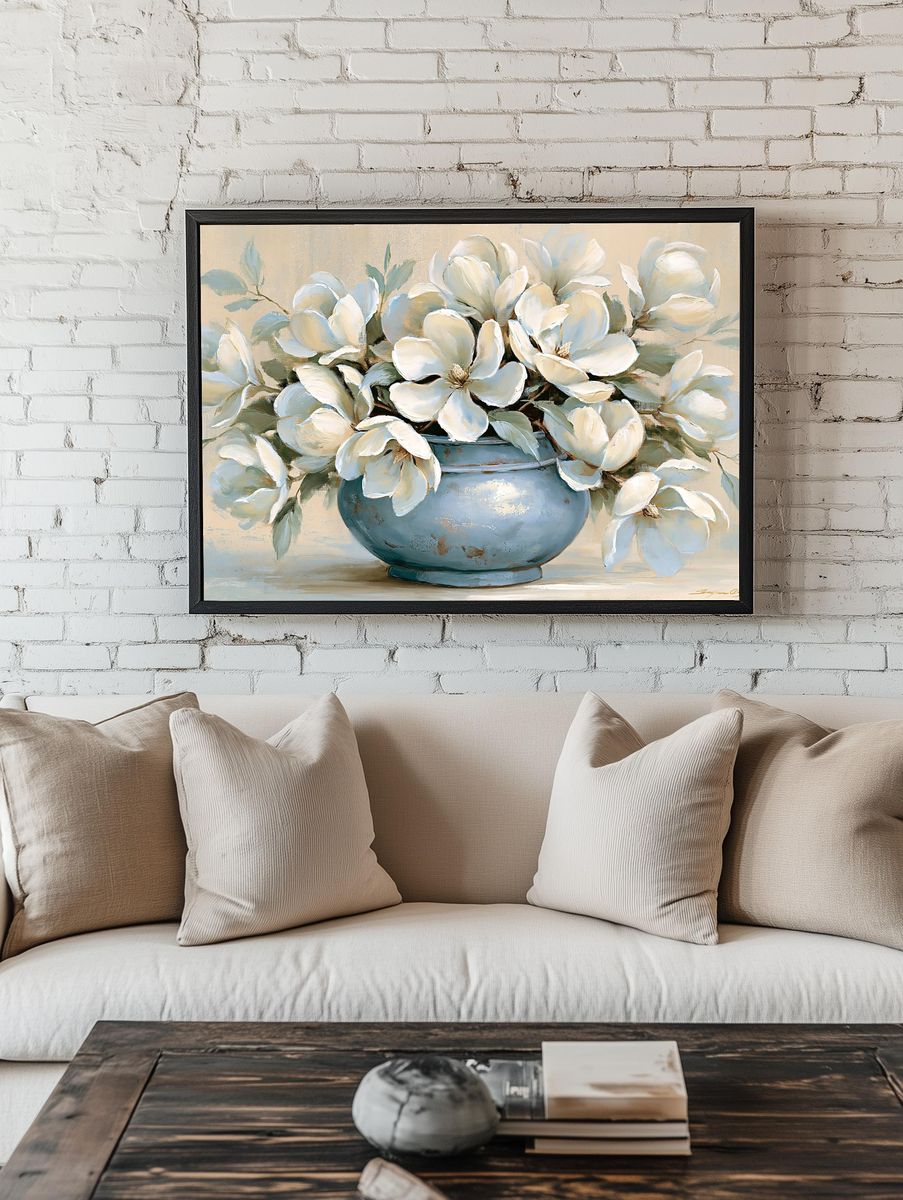 White Magnolia Vase Illustration Poster. — room view 1