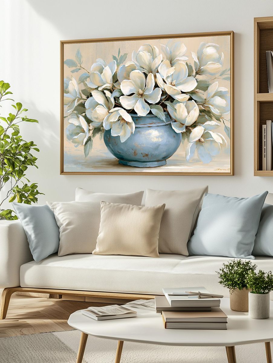 White Magnolia Vase Illustration Poster. — room view 2