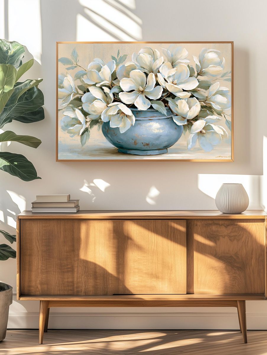 White Magnolia Vase Illustration Poster. — room view 3