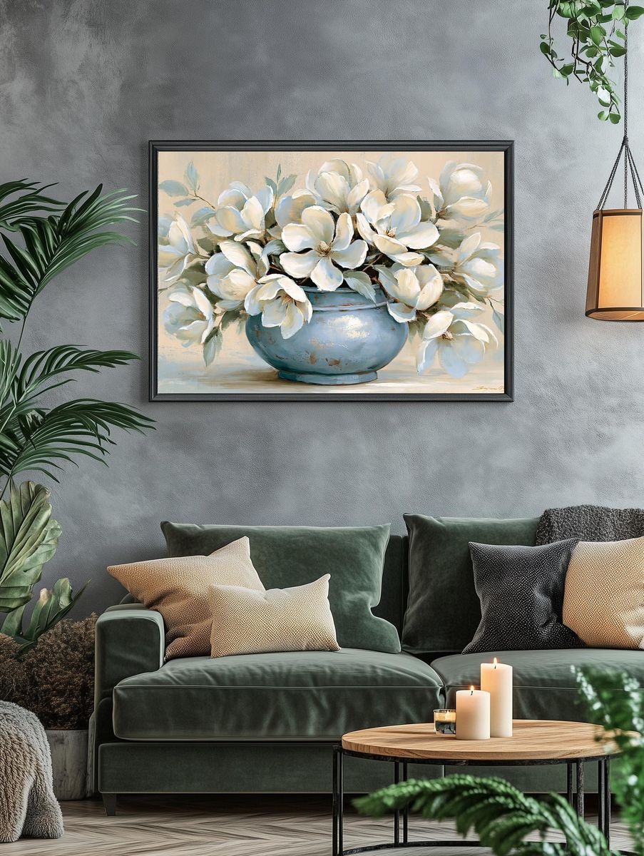 White Magnolia Vase Illustration Poster. — room view 4