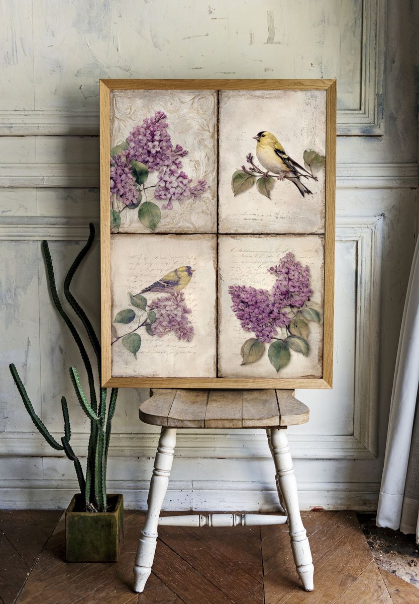 Lilac Birds Botanical Vintage Print. room preview