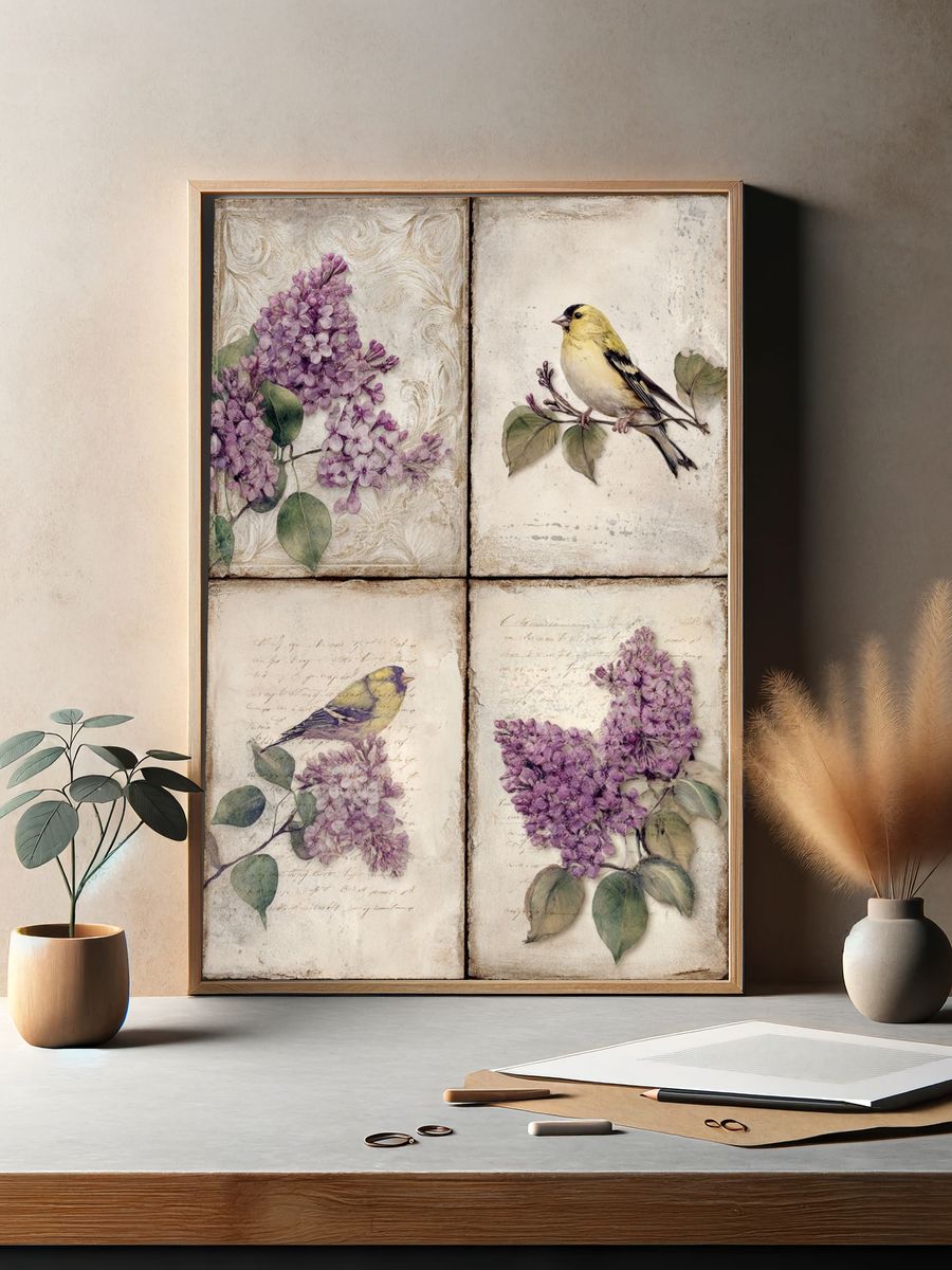 Lilac Birds Botanical Vintage Print. — room view 2