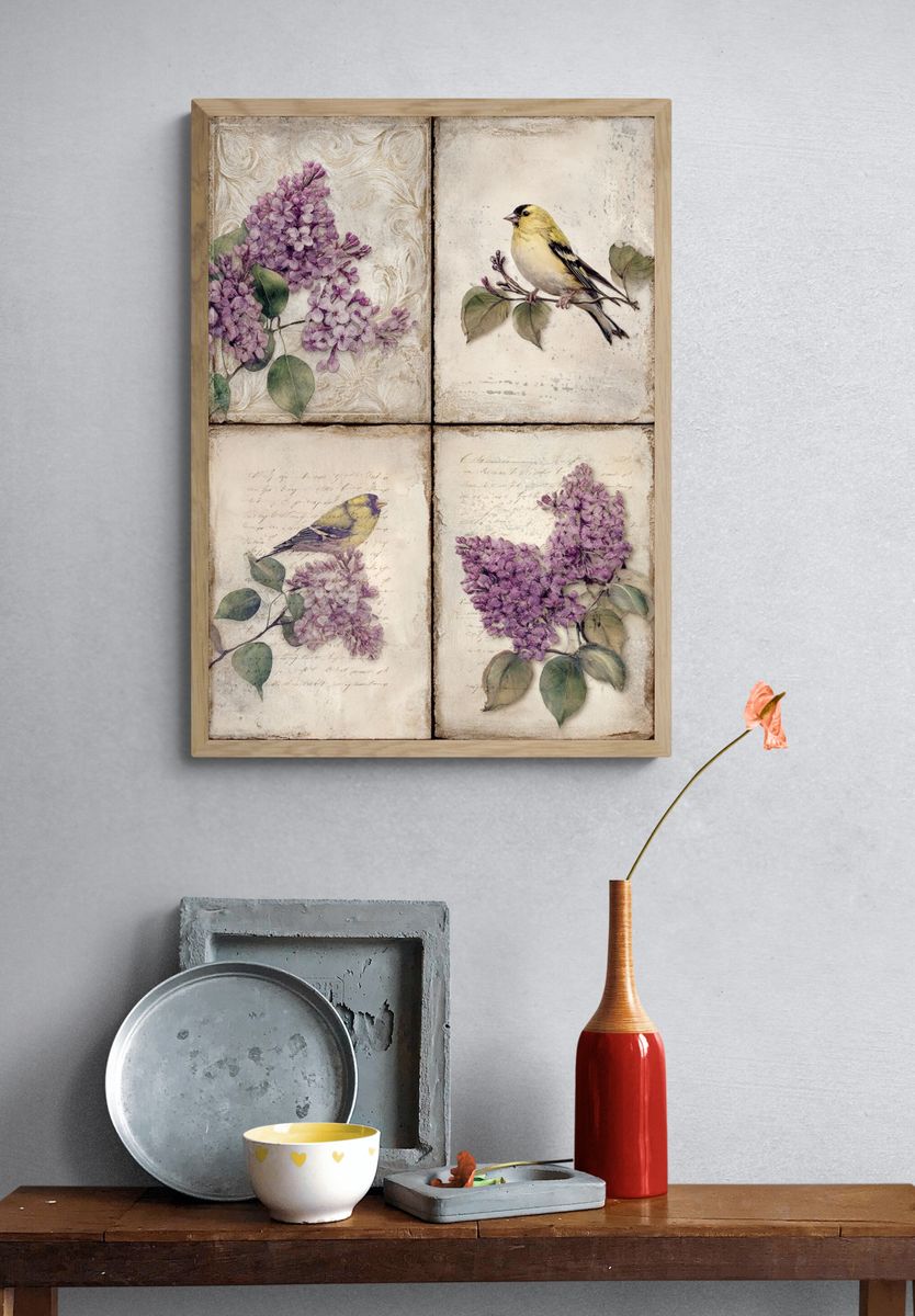 Lilac Birds Botanical Vintage Print. — room view 3