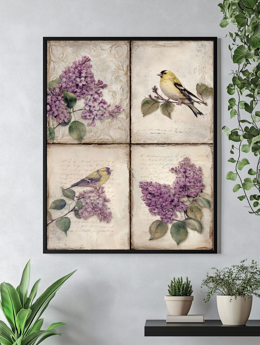 Lilac Birds Botanical Vintage Print. — room view 4