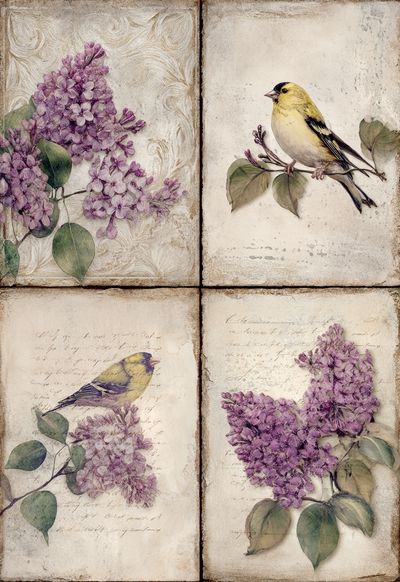 Lilac Birds Botanical Vintage Print.