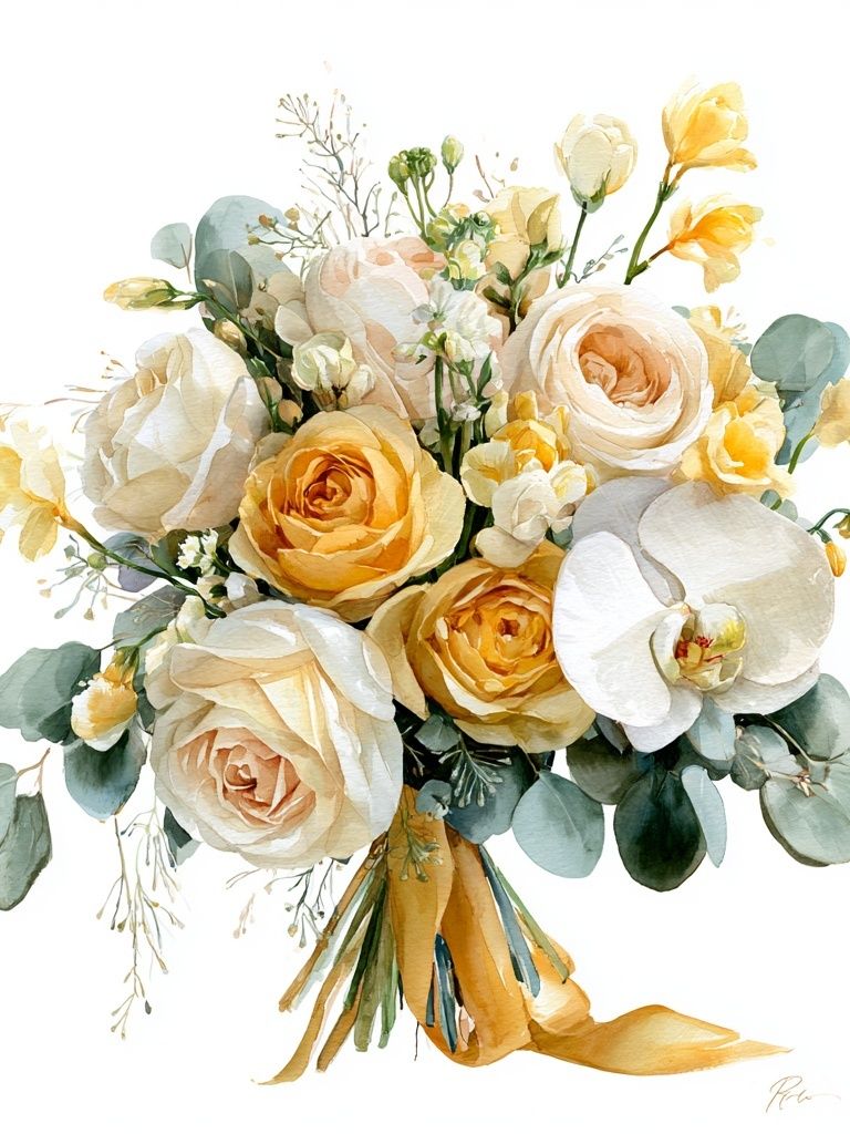 Golden Floral Bouquet Watercolor Print. poster detail