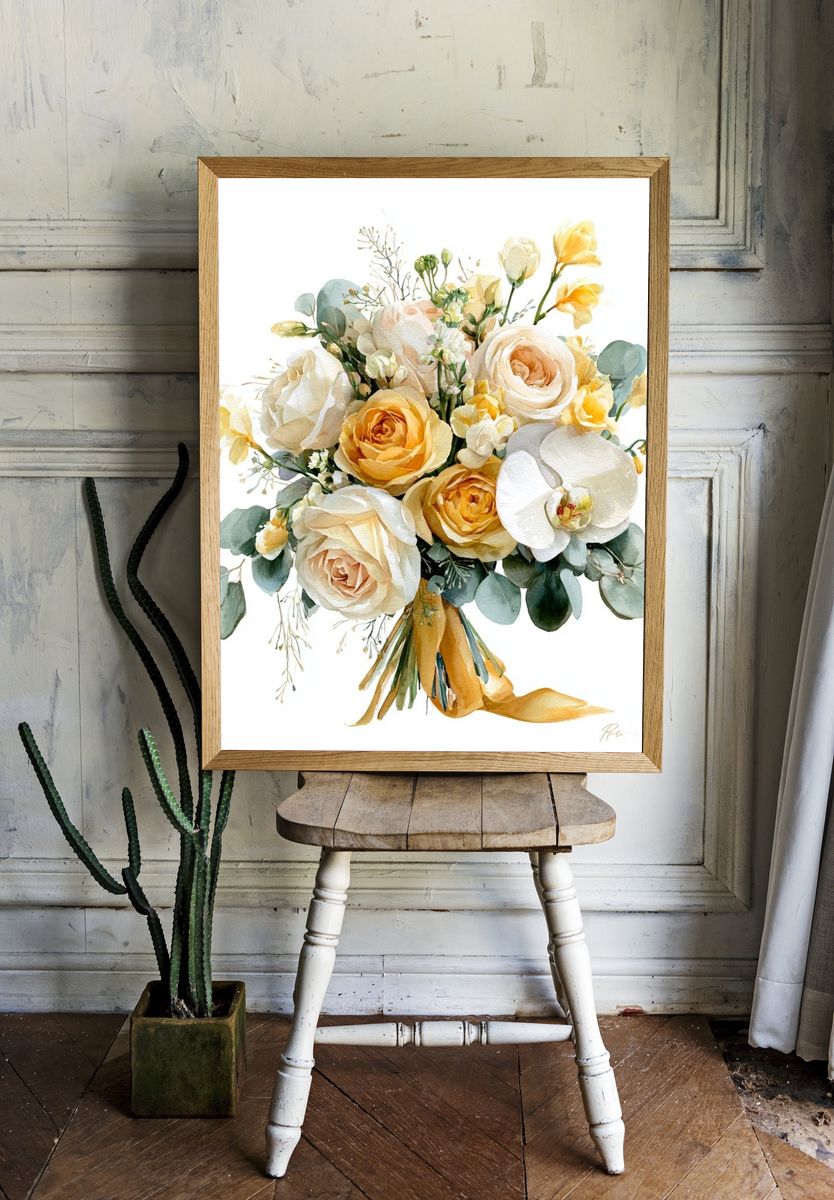Golden Floral Bouquet Watercolor Print. — room view 1