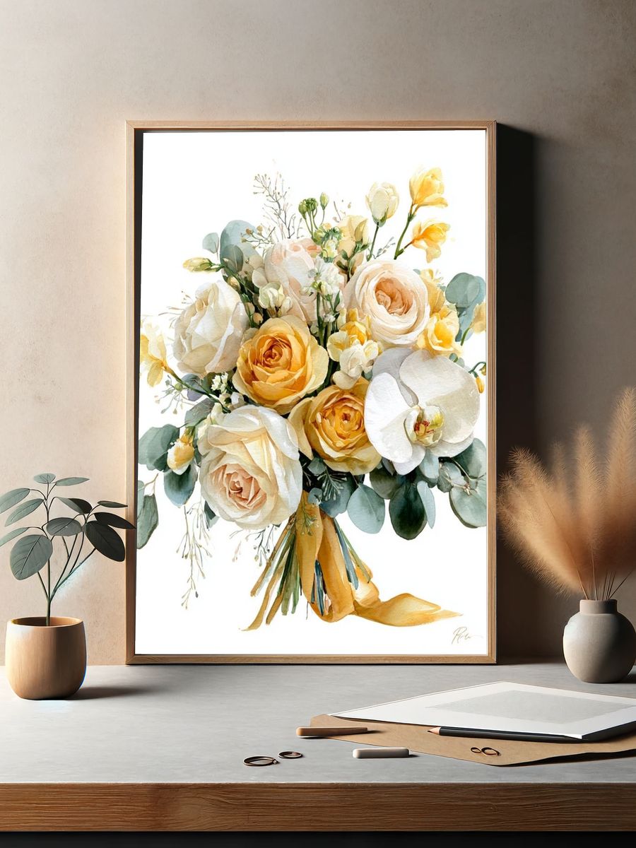 Golden Floral Bouquet Watercolor Print. — room view 2