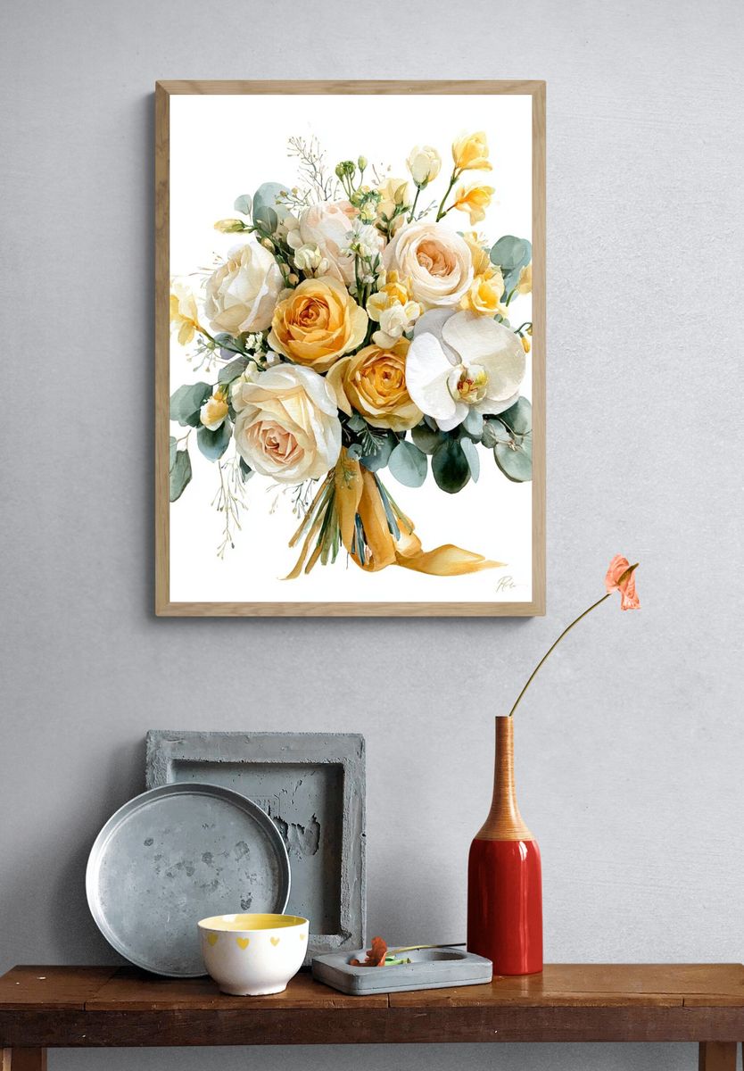 Golden Floral Bouquet Watercolor Print. — room view 3
