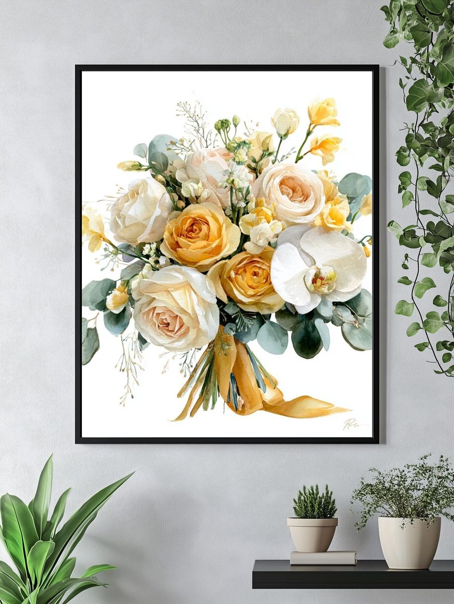 Golden Floral Bouquet Watercolor Print. — room view 4