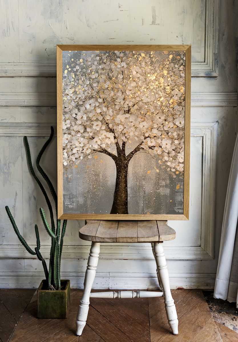 Golden Blossom Tree Print. room preview