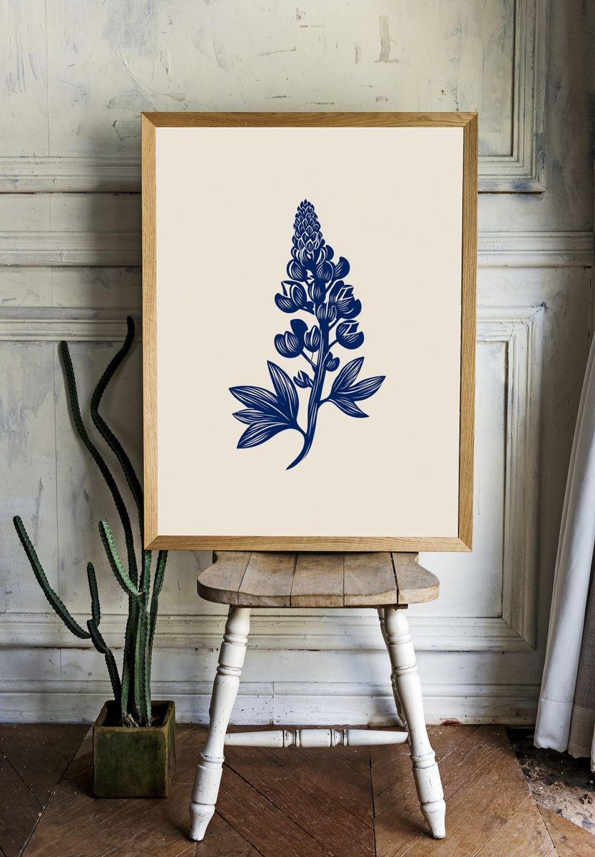 Blue Botanical Line Art Poster. — room view 1
