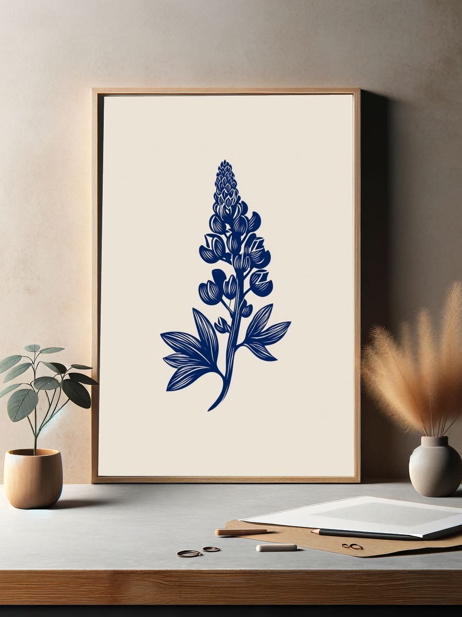 Blue Botanical Line Art Poster. — room view 2
