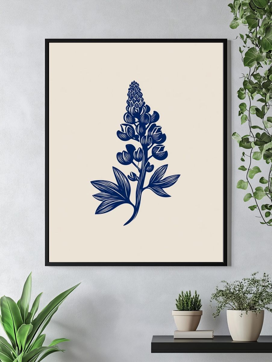Blue Botanical Line Art Poster. — room view 4