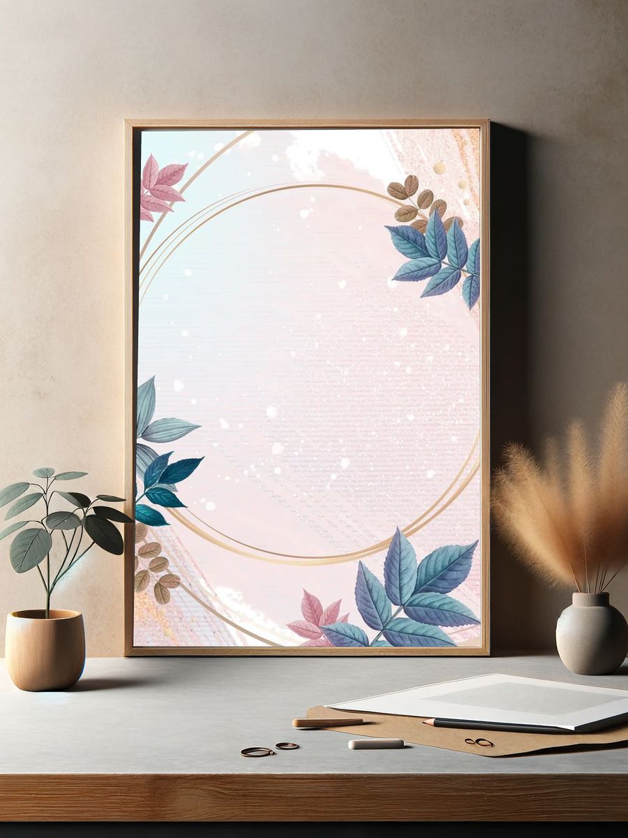 Blank round golden frame decorated. — room view 2