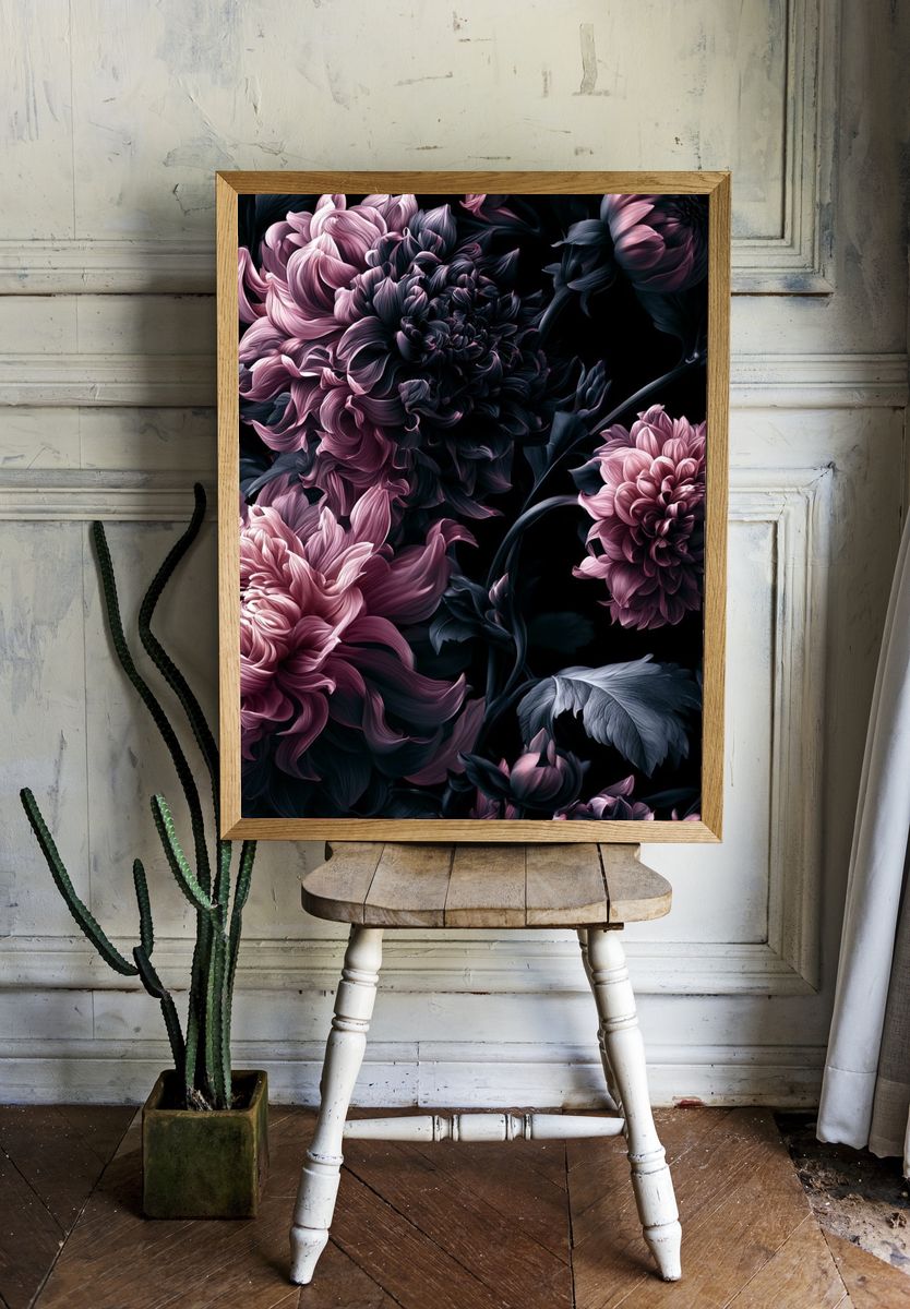 Dark Peony Bloom Botanical Print. — room view 1
