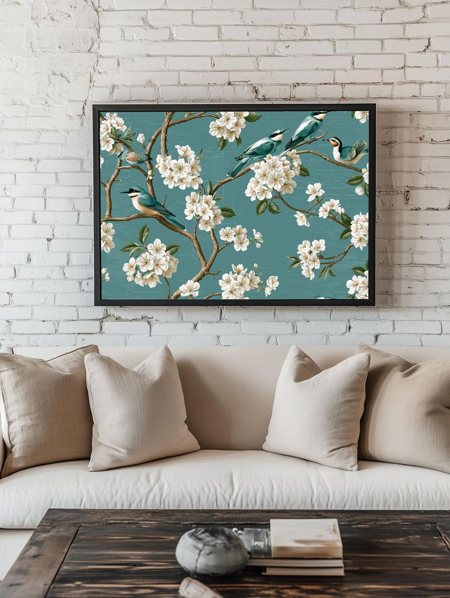 Cherry Blossom Birds Illustration Print. room preview