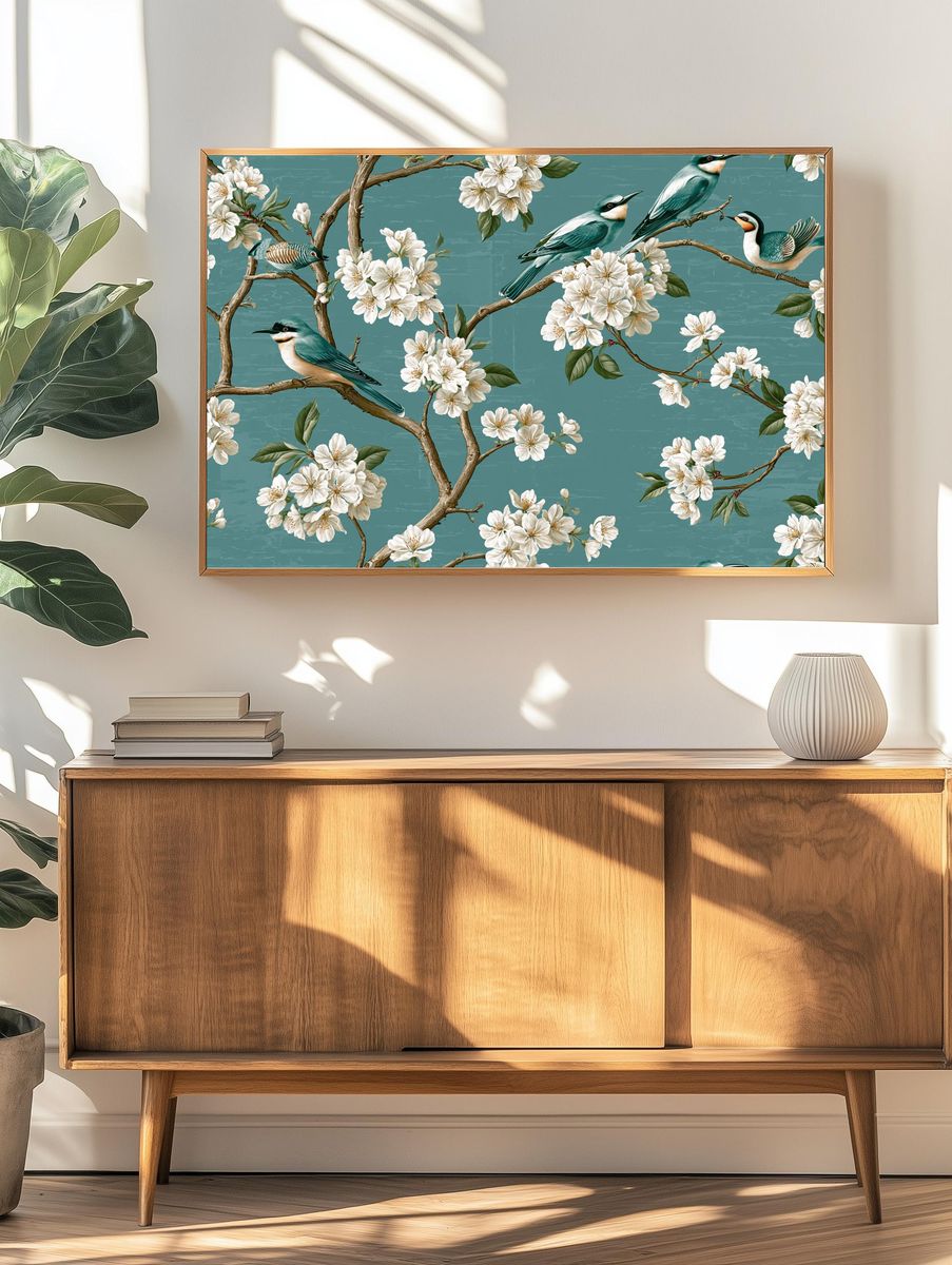 Cherry Blossom Birds Illustration Print. — room view 3